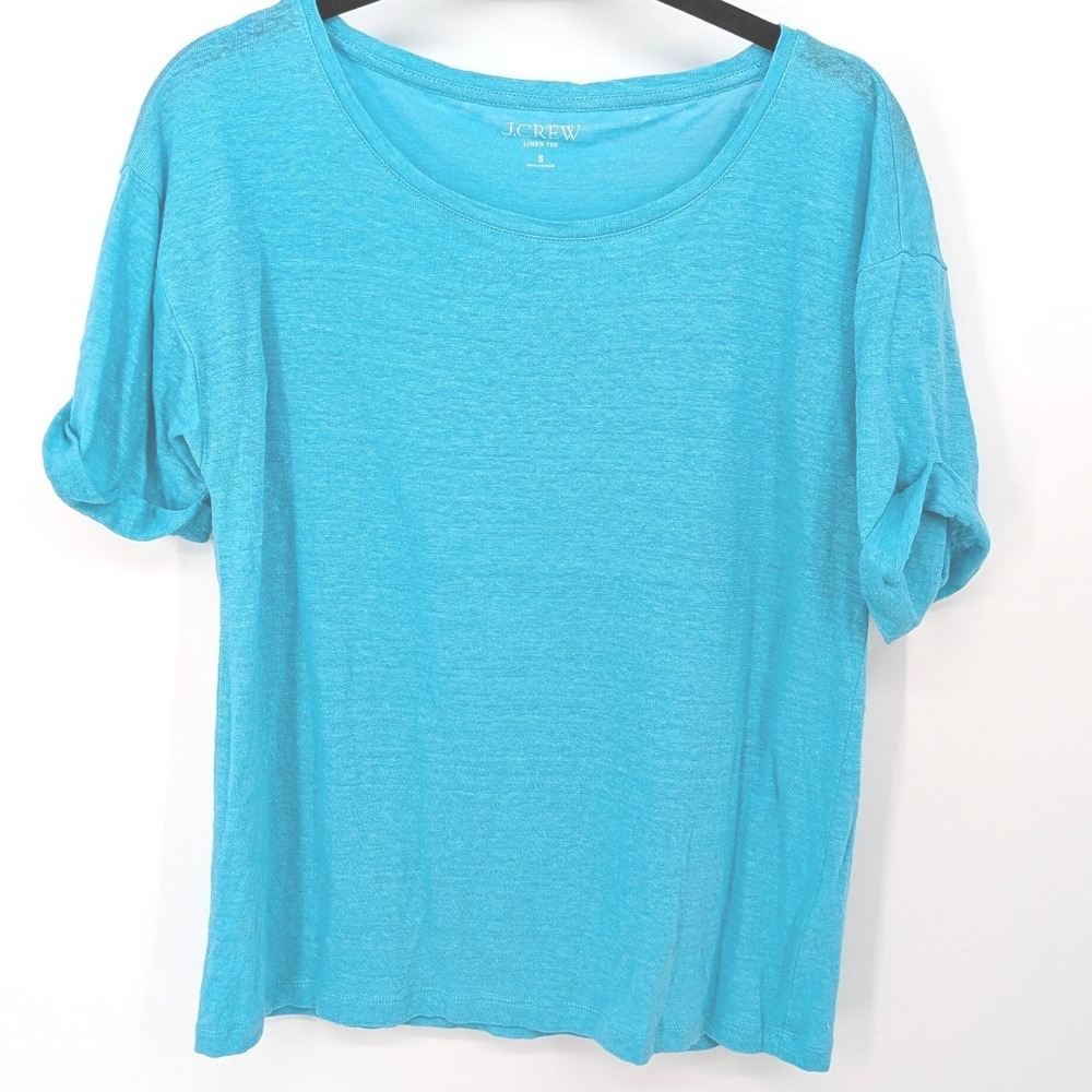 J Crew Linen Tee Women Small Blue Short Sleeve Slub Knit Top Coastal Lightweight